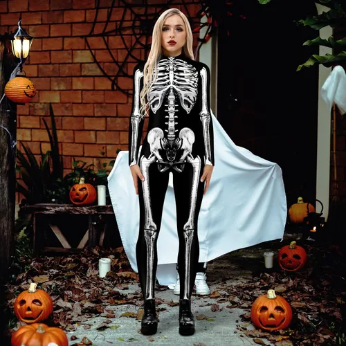 Vista 4 de Disfraz de esqueleto de Halloween para mujer, traje de cosplay con estampado 3D de calavera de hueso, traje ajustado