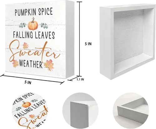 Vista 7 de Mtrgdn Decoraciones de otoño para el hogar, diseño rústico de calabaza con hojas que caen y hojas que caen, letrero de caja de madera, decoración