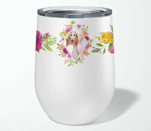 Vista 4 de Caroline's Treasures CK4110TBL12 Afghan Hound Pink Flowers - Vaso de vino aislado de acero inoxidable de 12 onzas con tapa, bonita taza de viaje