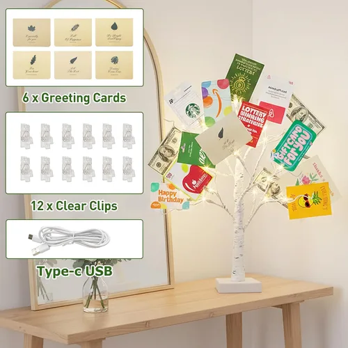 Vista 3 de EAMBRITE Soporte para Regalo de Árbol de Dinero, Árbol de Abedul Iluminado de 2 Pies 24LED, Temporizador Alimentado por Batería/USB, Pantalla
