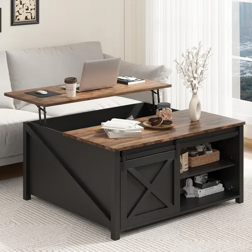 Vista 8 de PUKAMI Mesa de centro elevable con almacenamiento, mesa de centro de granja de 31.5 pulgadas para sala de estar, mesas de centro cuadradas con gran