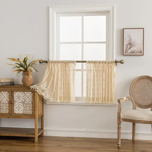 Vista 2 de YJ YANJUN - Cortinas de café boho, 24 pulgadas de largo, 2 paneles, cada una de 59" de ancho x 24" de largo, beige, con crochet, cortinas de cocina