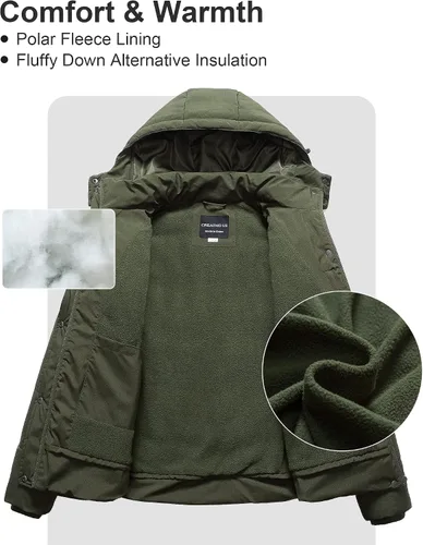 Vista 3 de CREATMO US Chaqueta acolchada cálida de talla grande para mujer, abrigo de invierno con forro polar impermeable con capucha extraíble