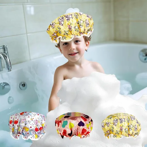 Vista 9 de Gorro de ducha para niños, paquete de 3 gorros de ducha grandes, reutilizables, de doble capa, impermeables, de plástico lavable, gorro de ducha