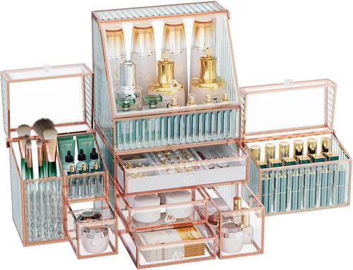 Vista 7 de Youdepot Organizador de maquillaje extra grande, almacenamiento de cosméticos de vidrio con cajones, organizador apilable de maquillaje y joyas