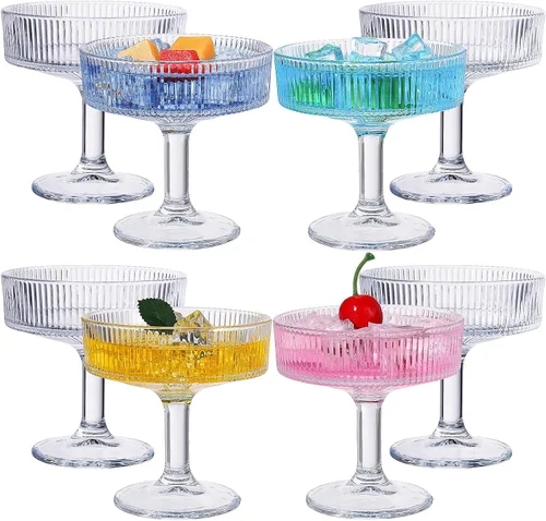 Vista 10 de Teenyyou 8 vasos de Martini vintage acanalados de 7 onzas, copas de Martini de champán, cristalería clásica de cóctel, cristalería acanalada Azul