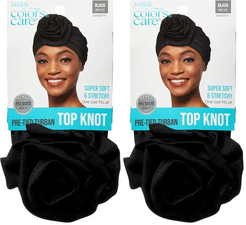Vista 9 de KISS COLORS & CARE Turbante preatado con nudo superior, negro, elegante, elástico y suave para dormir, máxima protección del cabello, minimiza