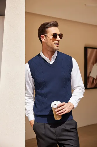 Vista 2 de COOFANDY Chaleco de suéter para hombre, sin mangas, cuello en V, ajustado, suéter de punto, chaleco casual de punto