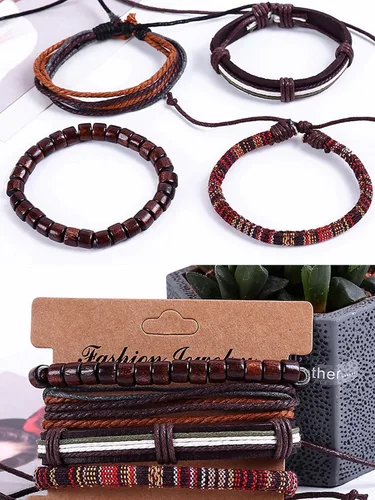 Vista 6 de Long tiantian Pulseras de cuero para hombre, estilo hippie, apilables, estilo bohemio, trenzadas, de los años 70, trajes de joyería para hombres