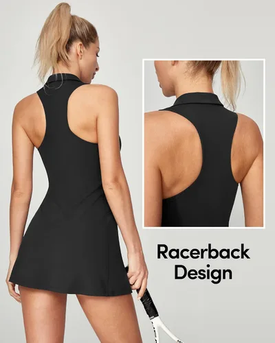 Vista 4 de IUGA Vestido de tenis para mujer, vestidos de entrenamiento de golf con pantalones cortos debajo de brasier integrado, vestido atlético con bolsillos