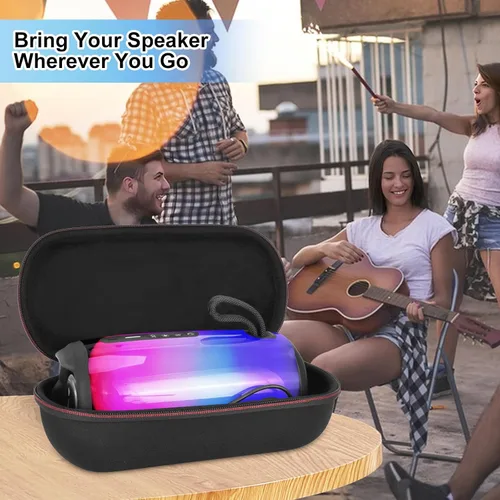 Vista 6 de Funda portátil para altavoz JBL Pulse 5, bolsa de transporte dura, funda de viaje impermeable con correa para el hombro y asa - negro