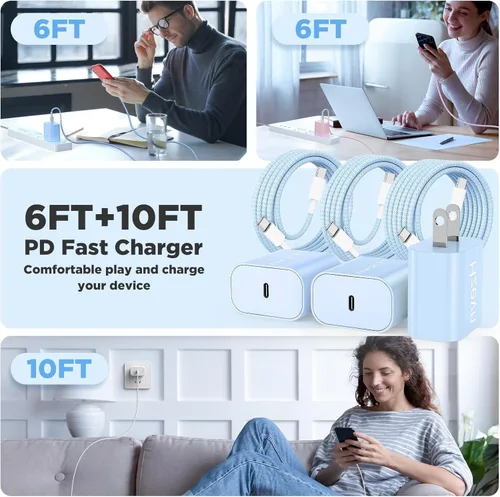 Vista 5 de Carga rápida USB C de 20 W para iPhone 17 Air/16/15 Pro Max, paquete de 3 bloques de carga coloridos mezclados con cables USB C a C largos trenzados