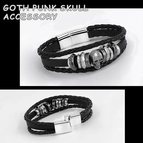 Vista 5 de MILAKOO 3 pulseras unisex punk retro góticas de cuero sintético con cuentas de hematita