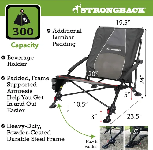 Vista 2 de STRONGBACK Sillas de playa – Silla de playa portátil reclinable de baja gravedad – con soporte lumbar integrado, sillas de playa plegables