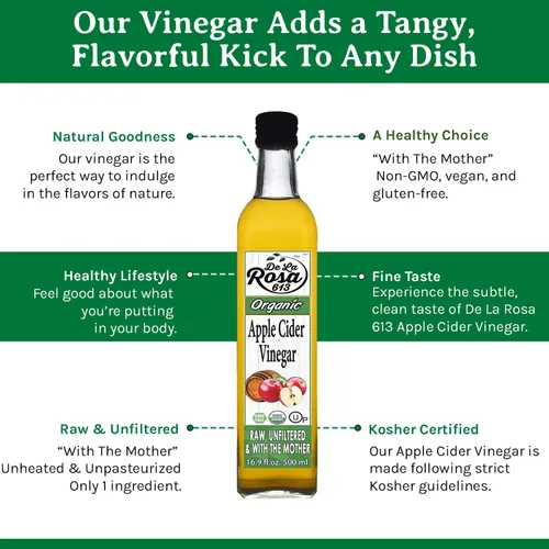 Vista 5 de De La Rosa Vinagre de sidra de manzana orgánico, crudo y sin filtrar, Kosher para Pascua, vegano y sin gluten, ideal para aderezos de ensaladas