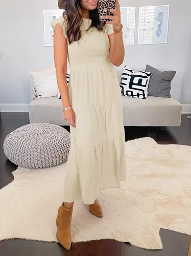 Vista 8 de ZCSIA Vestido midi casual de verano 2024 con volantes, manga corta, cuello redondo, fruncido, escalonado, acampanado, para mujer