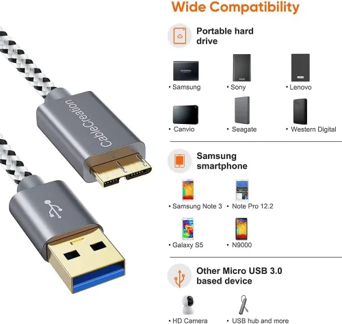 Vista 3 de CableCreation Cable corto USB3.0 para disco duro de 1 pie, USB 3.0 A a Micro B Cable de 5 Gbps de datos, USB 3.0 externo funciona para WD Toshiba