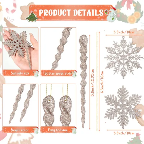Vista 2 de Deekin 72 piezas adornos de carámbano de copo de nieve para árbol de Navidad, carámbanos torcidos de copo de nieve con purpurina, decoraciones