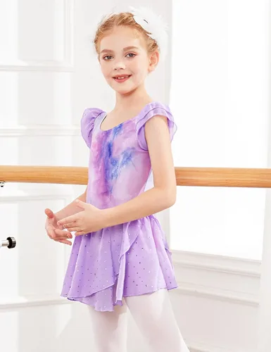 Vista 3 de Arshiner Vestido de ballet para niñas, con mangas con holanes y leotardo con falda tutú