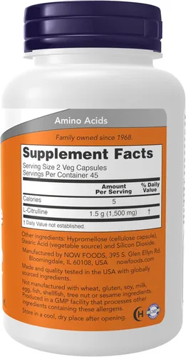Vista 2 de NOW Foods Suplementos, L-citrulina 750 mg, apoya el metabolismo de proteínas*, aminoácidos, 90 cápsulas vegetales