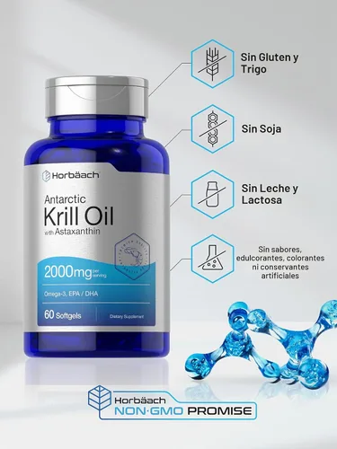 Vista 5 de Horbäach Aceite de Krill Antártico 2000mg 60 cápsulas de cápsulas blandas Suplemento Omega-3, EPA, DHA con astaxantina Sin OMG, sin gluten