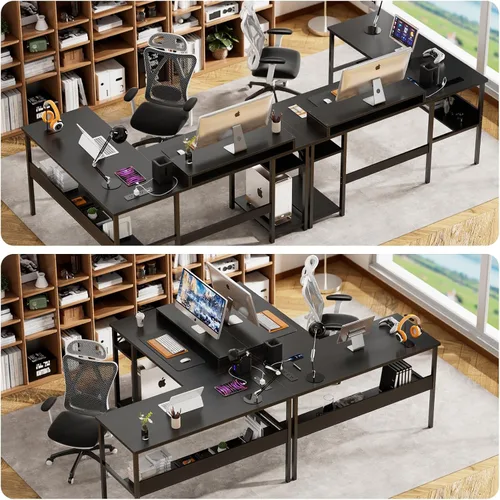 Vista 4 de Unikito Escritorio reversible en forma de L con tomas de corriente mágicas y luz LED inteligente, escritorio de esquina para computadora robusto