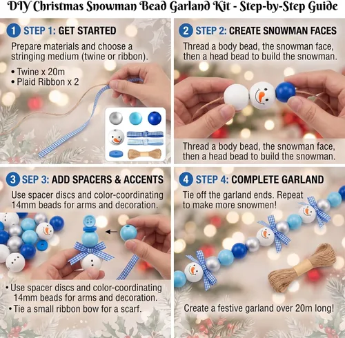 Vista 5 de Yulejo 180 Pcs Christmas Snowman Wooden Plaid Bead Winter Xmas, Blue