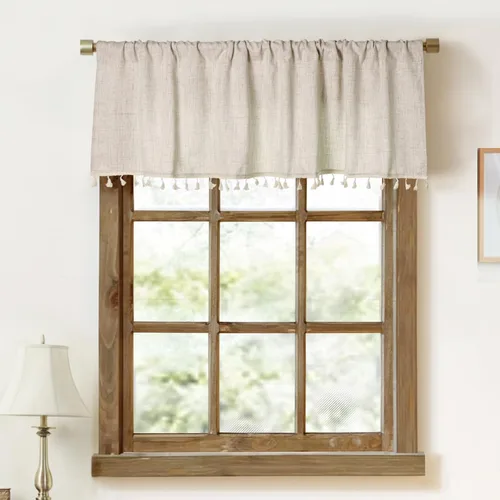 Vista 9 de Oindec Cenefas de cocina de lino sintético con borlas, color blanco, 54 x 15 pulgadas Borlas negras, granja moderna, rústico campestre