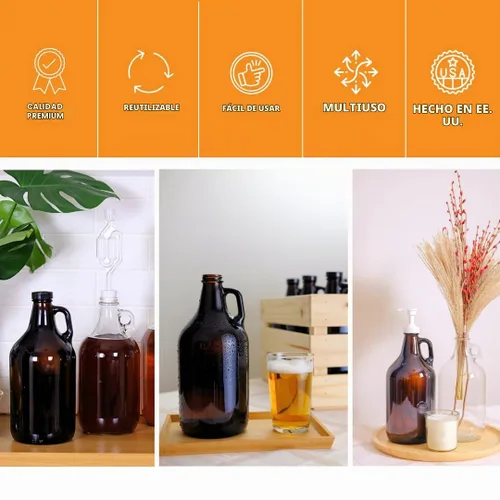Vista 4 de FastRack Jarras de vidrio ámbar de 64 oz con tapas Polyseal (paquete de 2) Jarras de cerveza de medio galón (1/2 galón) para elaboración casera