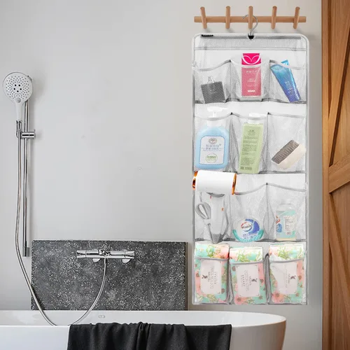 Vista 7 de Organizador de ducha de malla con soporte colgante, de secado rápido, para almacenamiento en el baño, con accesorios de tocador y gancho giratorio