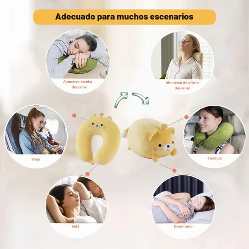 Vista 6 de Almohada de viaje para niños, almohada de cuello deformable 2 en 1 para niños, almohada suave en forma de U con adorable diseño de animales, cómodo