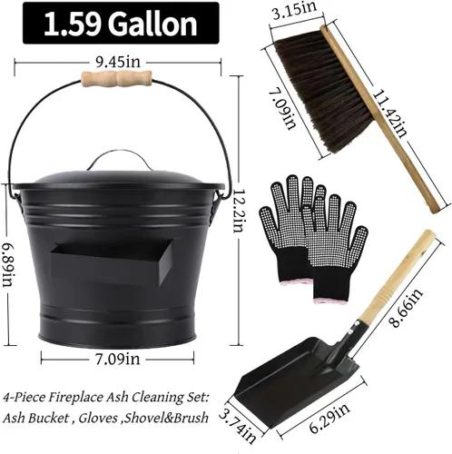 Vista 2 de Kit de limpieza de estufa y chimenea de 4 piezas: cubo de ceniza pequeño de 1.59 galones, cepillo, guantes, juego de herramientas de paleta