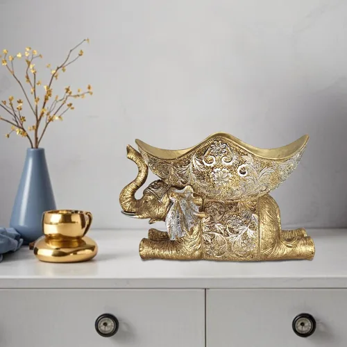 Vista 5 de Estatua de elefante con bandeja de almacenamiento, escultura de figura dorada, decoración del hogar de inspiración africana para sala de estar