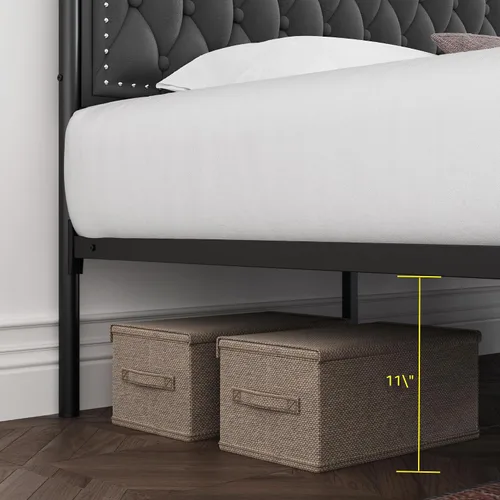 Vista 9 de Keyluv Marco de cama con dosel tapizado tamaño King con 3 cajones y cabecero capitonado con botones, cama de plataforma de metal con 4 postes Gris