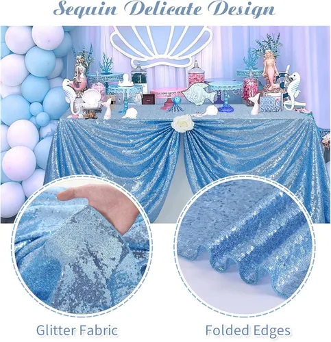 Vista 3 de Fanqisi Manteles de mesa de lentejuelas con purpurina azul bebé, 50 x 102 pulgadas, para decoración de mesa de baby shower, boda, niños, fiesta