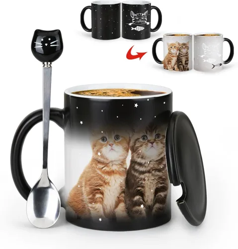 Vista 2 de Tazas únicas para gatos, tazas de café que cambian de color de 11 onzas – The Fish is Delicious – Taza de Halloween con tapa negra y cuchara
