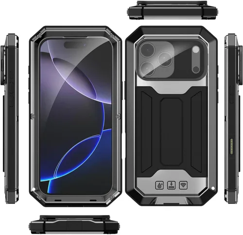 Vista 5 de Funda de metal para iPhone 17 Pro Max /17 Pro/Air/17, soporte de cámara y protector de pantalla integrado, funda de protección resistente, plateado