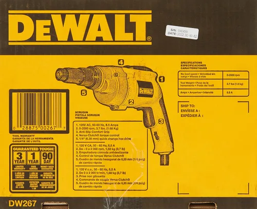 Vista 3 de DEWALT Pistola de tornillos para paneles de yeso, velocidad variable reversible, 6.5 amperios (DW267), 0.25