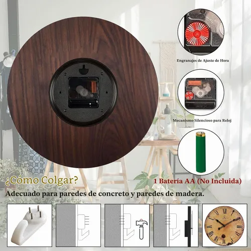 Vista 3 de Reloj de pared grande silencioso de 24 pulgadas vintage rústico para Números romanos retro