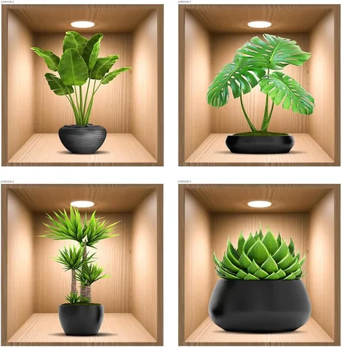 Vista 7 de iMagitek Paquete de 4 Pegatinas de Pared de Plantas Verdes 3D Calcomanías de Pared de Plantas Botánicas para Dormitorio, Sala de Estar, Cocina