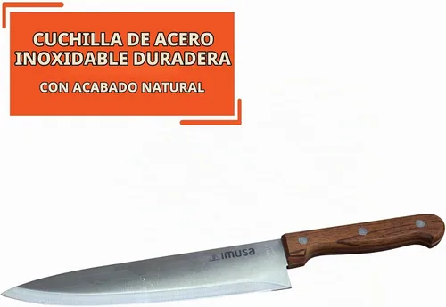 Vista 3 de IMUSA Cuchillo de chef de acero inoxidable de 8 pulgadas con mango de madera Acabado pulido, mango ergonómico de castaño, corte de precisión