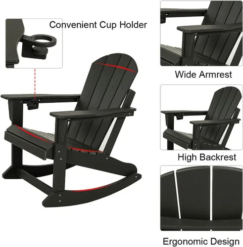 Vista 6 de Adirondack - Silla mecedora para patio al aire libre, sillas Adirondack de plástico HDPE resistente a la intemperie, silla de césped para porche