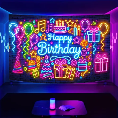Vista 7 de HOMETITUTE Cartel de neón para fiesta de cumpleaños que brilla en la oscuridad, telón de fondo de fotografía de fiesta de cumpleaños neón para niños