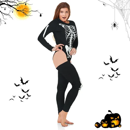 Vista 7 de Jeyiour Disfraz de esqueleto de Halloween que brilla en la oscuridad, para mujer adulta