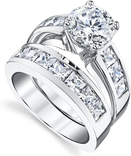Vista 2 de Set de anillos de compromiso de plata esterlina con ronda y corte princesa de circonia cúbica