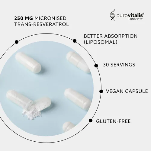 Vista 3 de PUROVITALIS Resveratrol liposomal 250 mg, 30 porciones (30 cápsulas veganas), suplemento antioxidante de trans-resveratrol de alta pureza