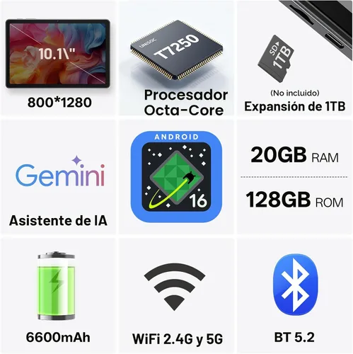 Vista 2 de Tablet 10.1 pulgadas, Android 16 Tablet, Azul Octa-Core, 20GB RAM 128GB ROM, 1TB expandible, pantalla táctil IPS 1280x800, GPS, batería 8H, WiFi