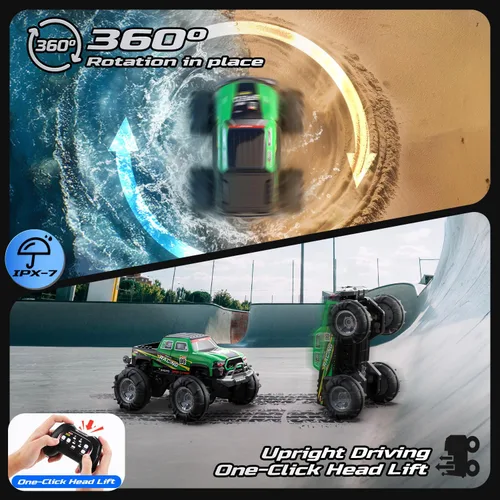 Vista 2 de DEERC BG028 Camión monstruo anfibio RC/barco, coche de control remoto IPX7 impermeable con control por detección de gestos, coche RC de 2.4GHz 4WD