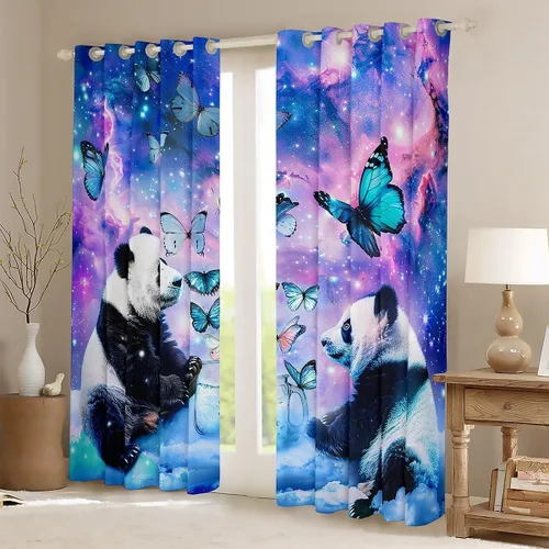 Vista 2 de Feelyou Cortinas de ventana con diseño de panda lindo para dormitorio, sala de estar, diseño de oso panda de dibujos animados, cortinas de mariposa