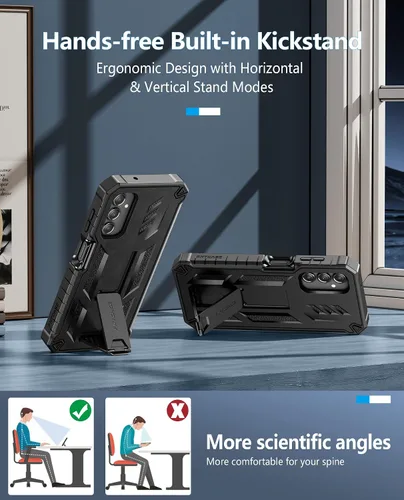 Vista 4 de FNTCASE Funda para Samsung Galaxy A14-5G: Funda de TPU resistente con textura de doble capa a prueba de golpes con soporte Protección contra Negro
